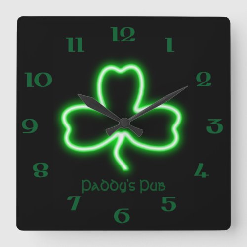 Irish themed Shamrock personalised Pub neon sign Square Wall Clock