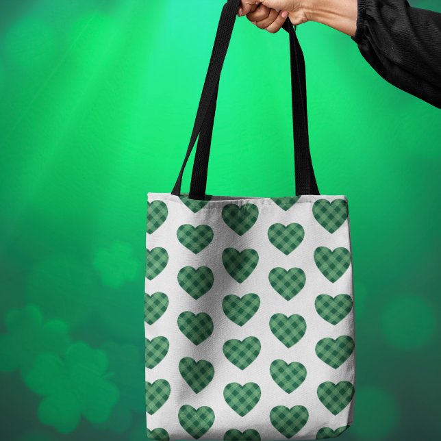 Irish-Themed with Green Tartan Heart Pattern Tote Bag (Irish-Themed with Green Tartan Heart Pattern Tote Bag)