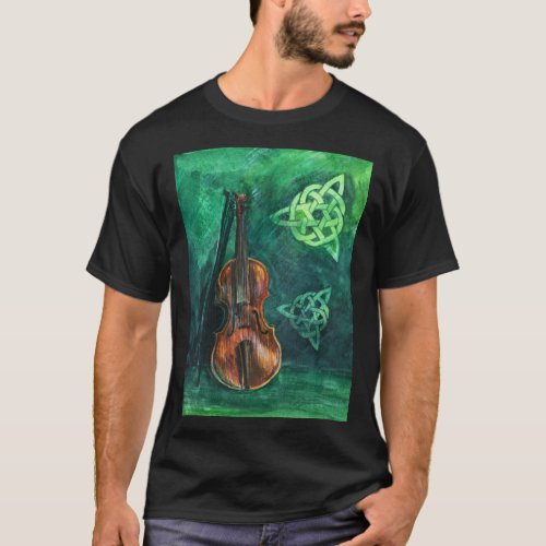 Irish violin fiddle on emerald background with c T_Shirt