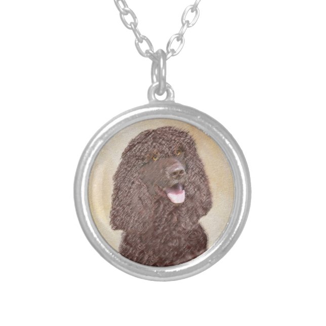 Irish Water Spaniel Painting - Original Dog Art Silver Plated Necklace (Front)