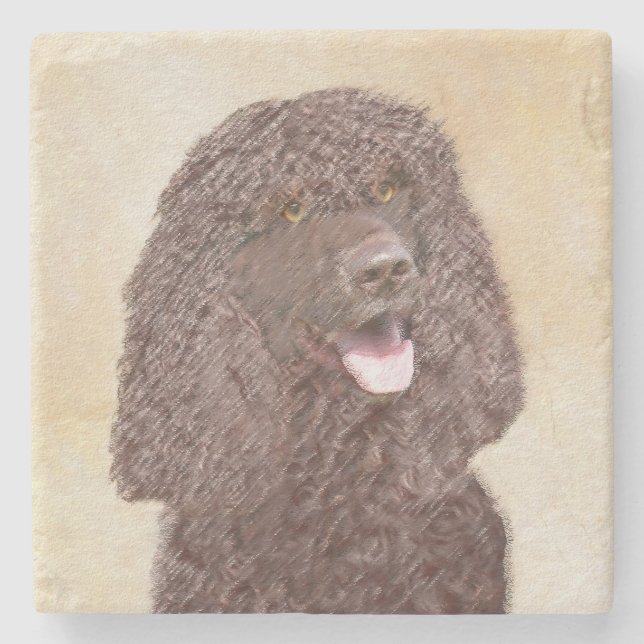 Irish Water Spaniel Painting - Original Dog Art Stone Coaster (Front)