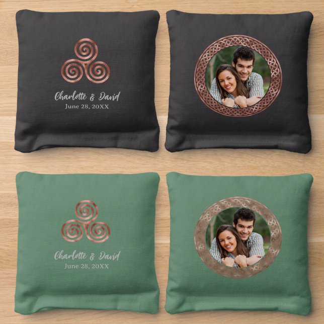 Irish Wedding Celtic Spiral Knot Photo Cornhole Bags (Wood)