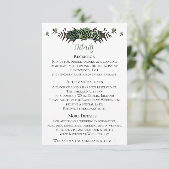 Irish Wedding Details Green Roses Floral Skulls  Enclosure Card (Standing Front)