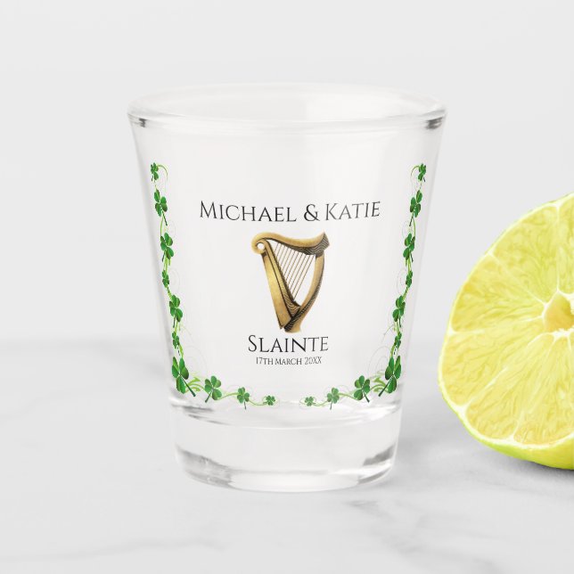 Irish Wedding Harp & Shamrock Shot Glass (Front)
