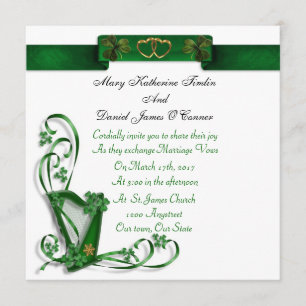 Irish Wedding invitation Harp shamrocks and ribbon