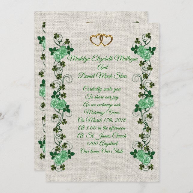 Irish Wedding invitation shamrocks and green roses (Front/Back)