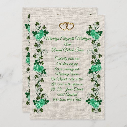 Irish Wedding invitation shamrocks and green roses
