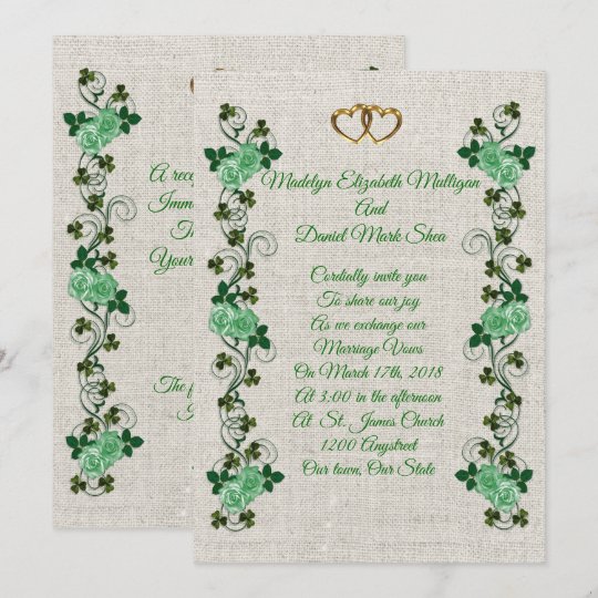 Irish Wedding invitation shamrocks and green roses