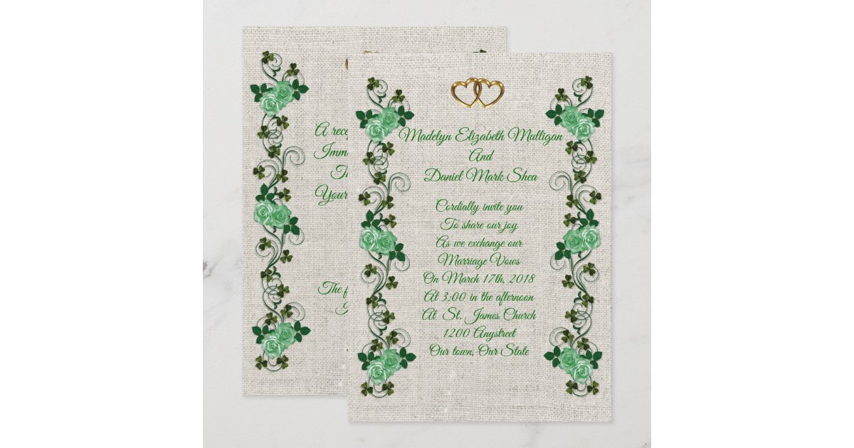 Irish Wedding invitation shamrocks and green roses Zazzle