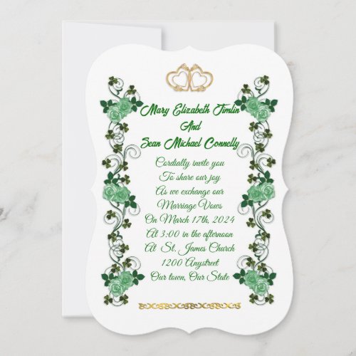 Irish Wedding invitation shamrocks and green roses