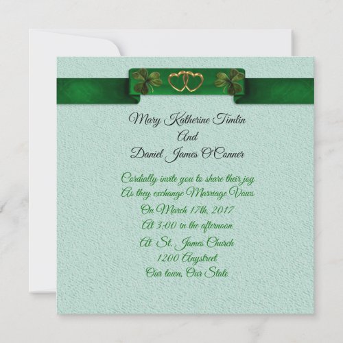 Irish Wedding invitation shamrocks and ribbon