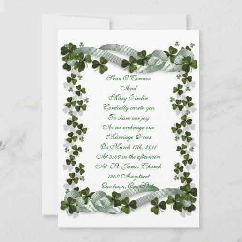Irish Wedding invitation shamrocks and ribbon