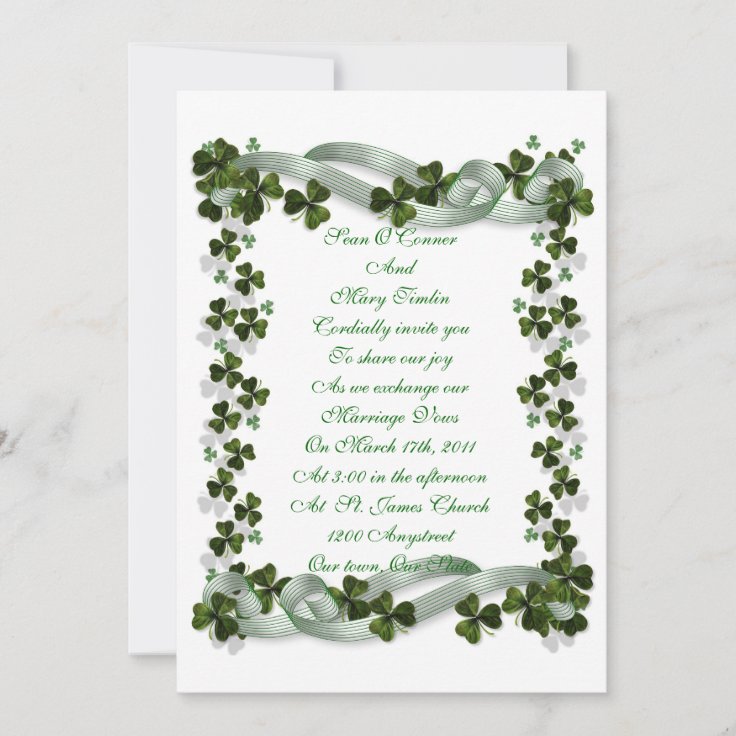 Irish Wedding invitation shamrocks and ribbon Zazzle