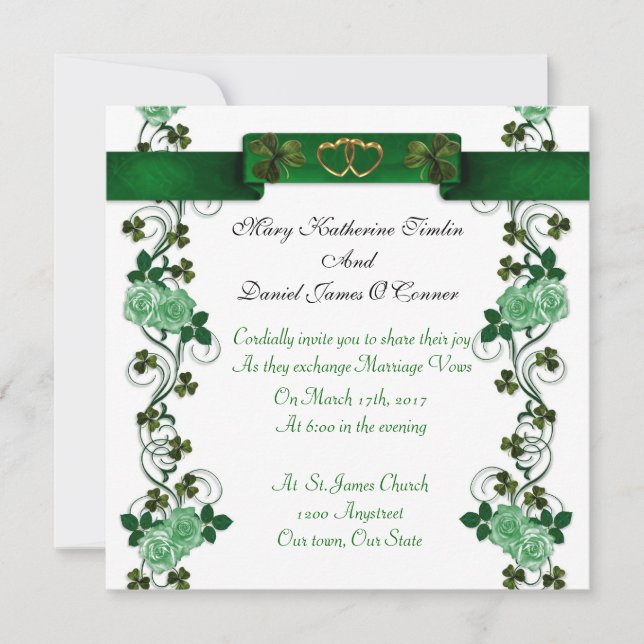 Irish Wedding invitation shamrocks and ribbon (Front)