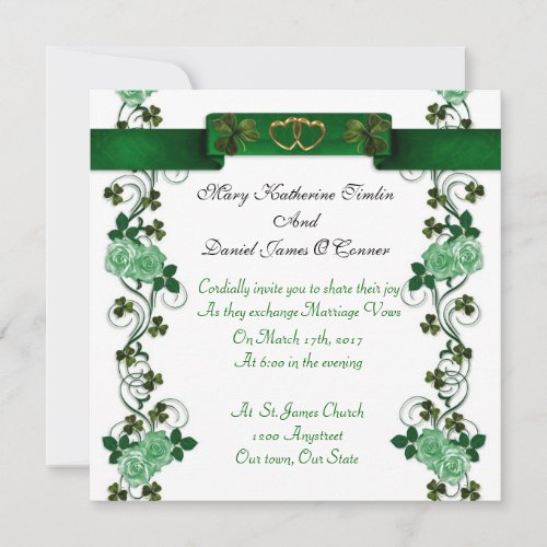 Irish Wedding invitation shamrocks and ribbon