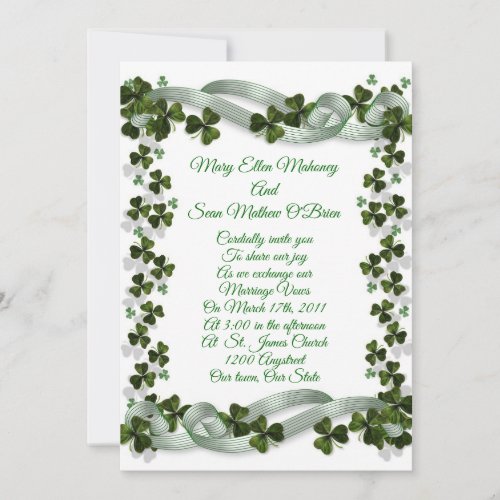 Irish Wedding invitation shamrocks and ribbon