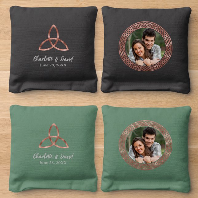 Irish Wedding Rose Gold Celtic Trinity Knot Cornhole Bags (Wood)