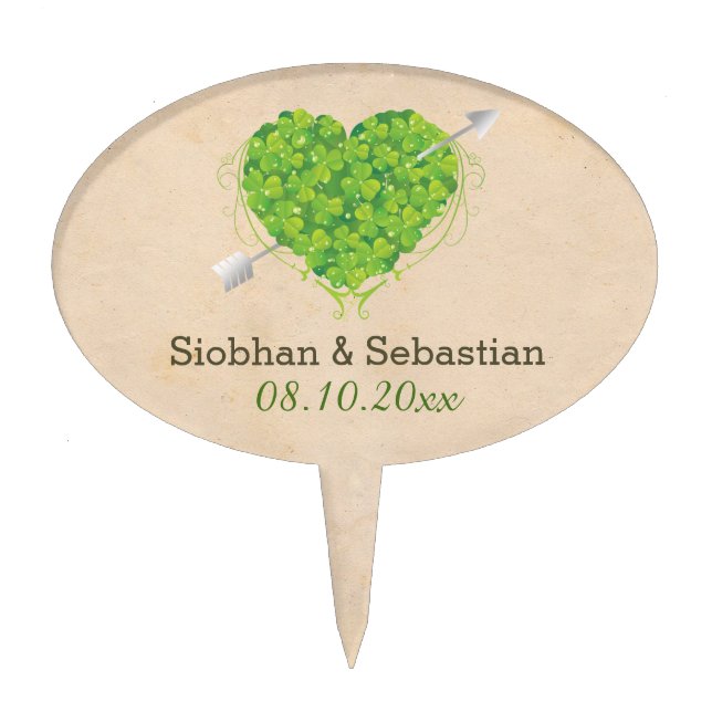 Irish Wedding Shamrock Heart Cake Topper (Front)