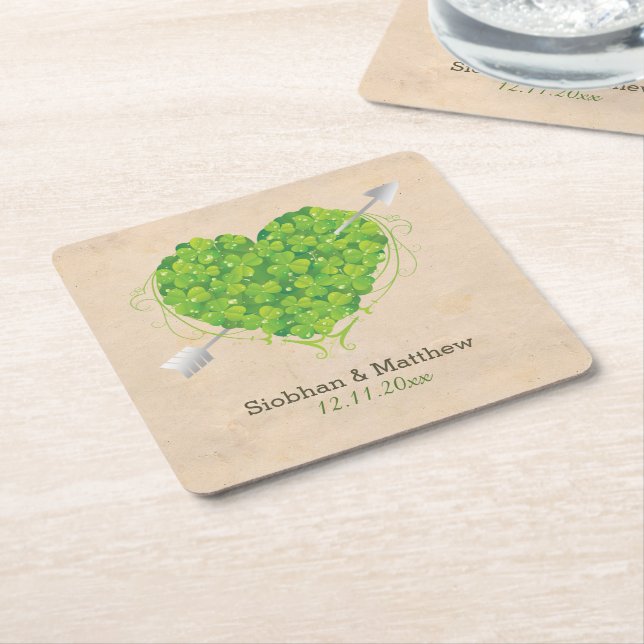 Irish Wedding Shamrock Heart Square Paper Coaster (Angled)