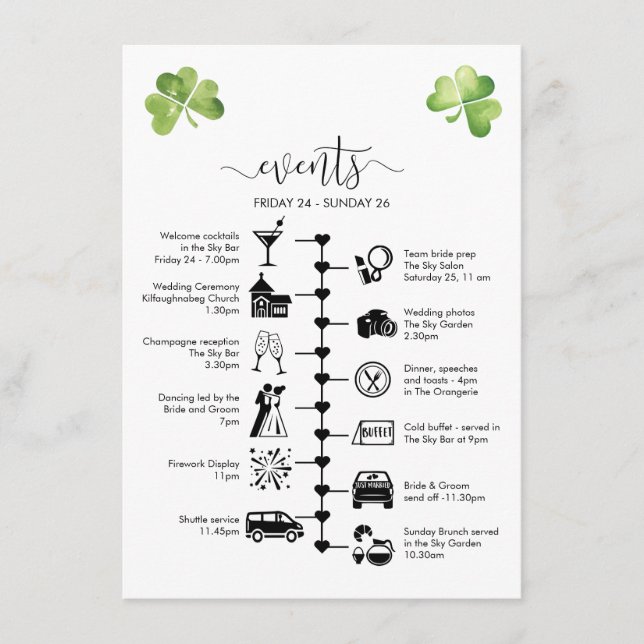 Irish Wedding Timeline Guest Itinerary  Advice Card (Front)