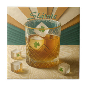 Irish Whiskey Tumbler Shamrock Ice "Sláinte!" Ceramic Tile