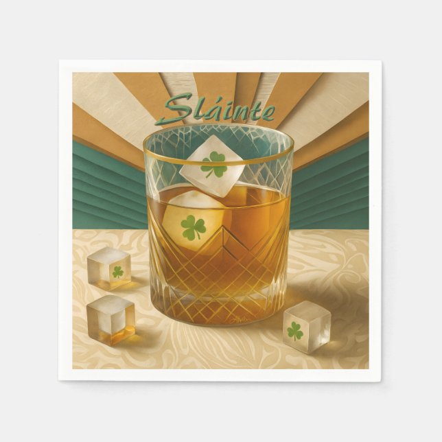 Irish Whiskey Tumbler Shamrock Ice "Sláinte!" Napkins (Front)