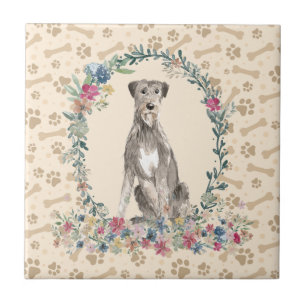 Irish Wolf Hound Dog Paw Print Floral Cute Beige Ceramic Tile