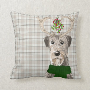 Irish Wolfhound and Taupe Plaid Christmas Dog Throw Pillow
