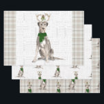 Irish Wolfhound Christmas Dog and Plaid Wrapping Paper Sheets<br><div class="desc">This handsome Irish Wolfhound is ready for the holiday season with a green winter scarf and antlers than have mistletoe hanging from them. This cute Christmas dog is paired with a matching taupe plaid print on this set of gift wrap for the dog lover.</div>