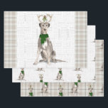 Irish Wolfhound Christmas Dog and Plaid Wrapping Paper Sheets<br><div class="desc">This handsome Irish Wolfhound is ready for the holiday season with a green winter scarf and antlers than have mistletoe hanging from them. This cute Christmas dog is paired with a matching taupe plaid print on this set of gift wrap for the dog lover.</div>