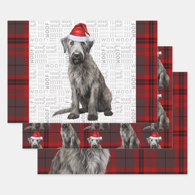 Irish Wolfhound Christmas Dog Red Holiday Plaid Wrapping Paper Sheets (Set)