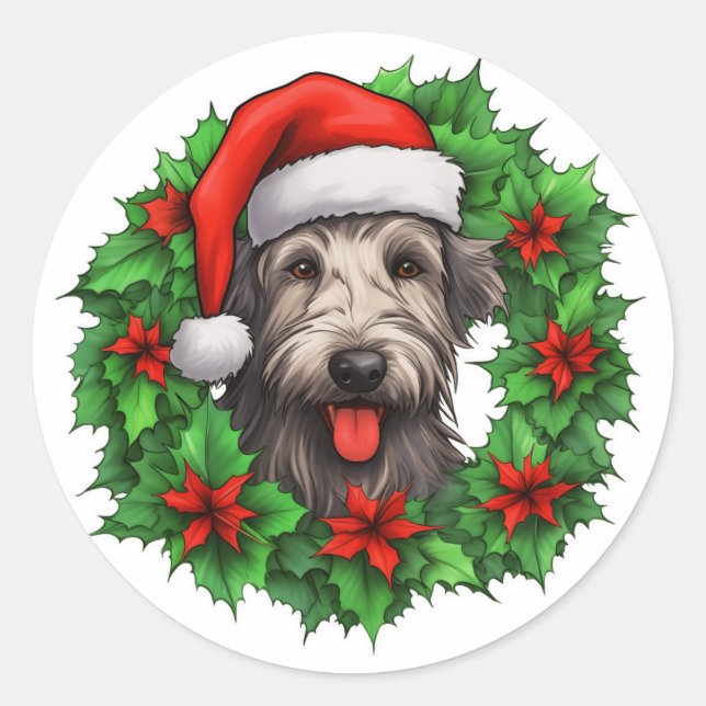Irish Wolfhound Christmas Wreath Classic Round Sticker (Front)