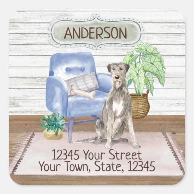 Irish Wolfhound Cozy New Home Address       Square Sticker (Front)