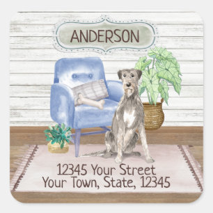 Irish Wolfhound Cozy New Home Address       Square Sticker