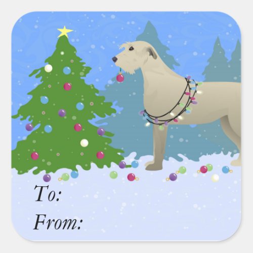 Irish Wolfhound decorating a Christmas tree_forest Square Sticker