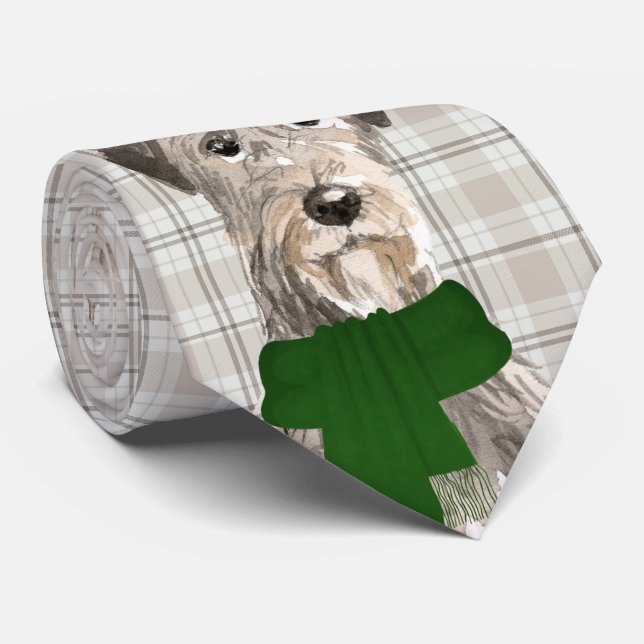 Irish Wolfhound Dog Lover Taupe Plaid Christmas Neck Tie (Rolled)