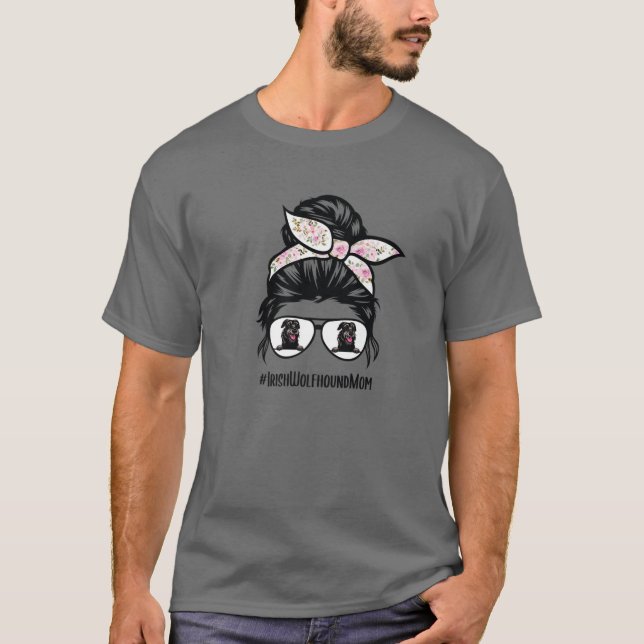 Irish Wolfhound Dog Mom Messy Bun Hair Glasses Wol T-Shirt (Front)