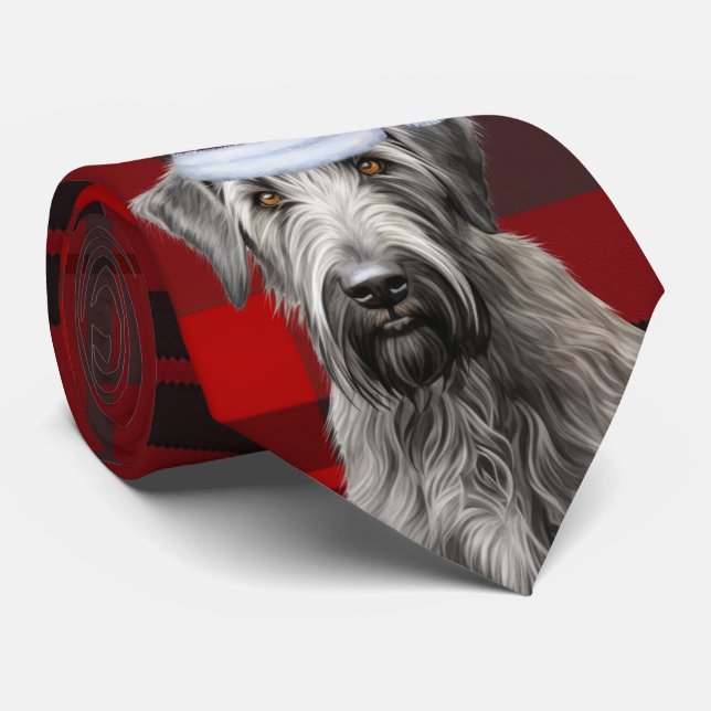 Irish Wolfhound Dog Red Plaid Christmas Neck Tie (Rolled)