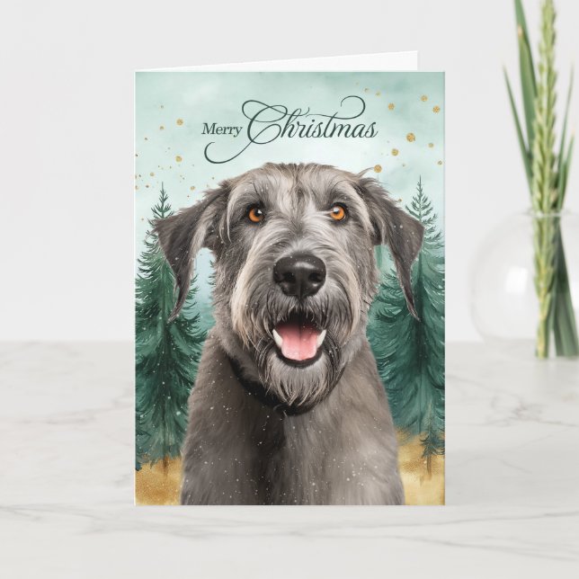 Irish Wolfhound Dog Winter Pine Forest Christmas Holiday Card (Front)