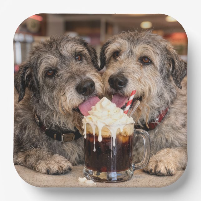 Irish Wolfhound Dogs Enjoying a Root Beer Float Paper Plates (Front)