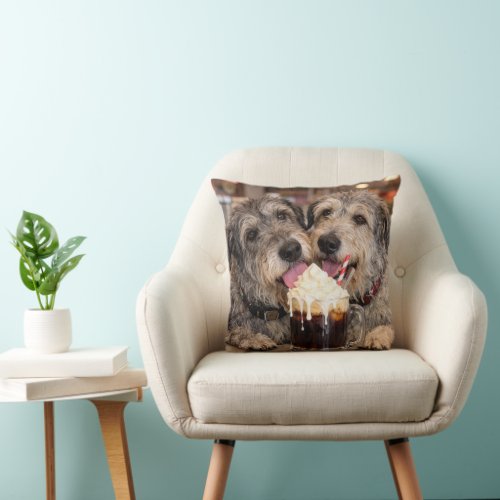 Irish Wolfhound Dogs Enjoying a Root Beer Float Throw Pillow