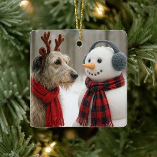 Irish Wolfhound Gazing at a Cute Snowman Ceramic Ornament