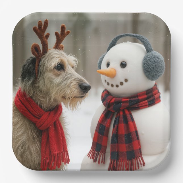 Irish Wolfhound Gazing at a Cute Snowman Paper Plates (Front)