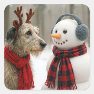 Irish Wolfhound Gazing at a Cute Snowman Square Sticker