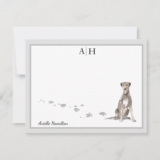 Irish Wolfhound Gray Border Monogram Your Name Note Card (Front)