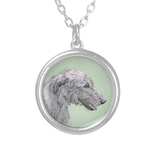 Irish Wolfhound Painting - Cute Original Dog Art Silver Plated Necklace (Front)
