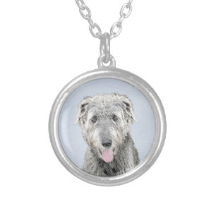 Irish Wolfhound Painting - Cute Original Dog Art Silver Plated Necklace