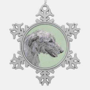 Irish Wolfhound Painting - Cute Original Dog Art Snowflake Pewter Christmas Ornament