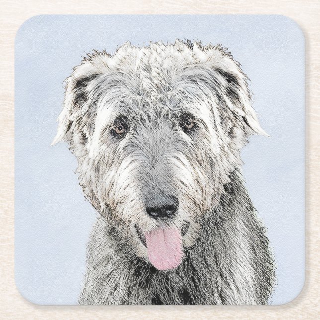 Irish Wolfhound Painting - Cute Original Dog Art Square Paper Coaster (Front)