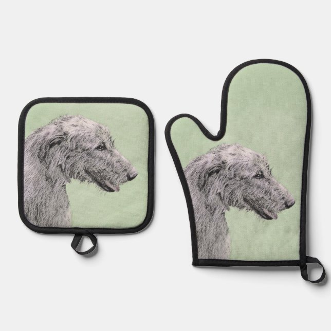 Irish Wolfhound Painting Grey Original Dog Art Oven Mitt & Pot Holder Set (Front)